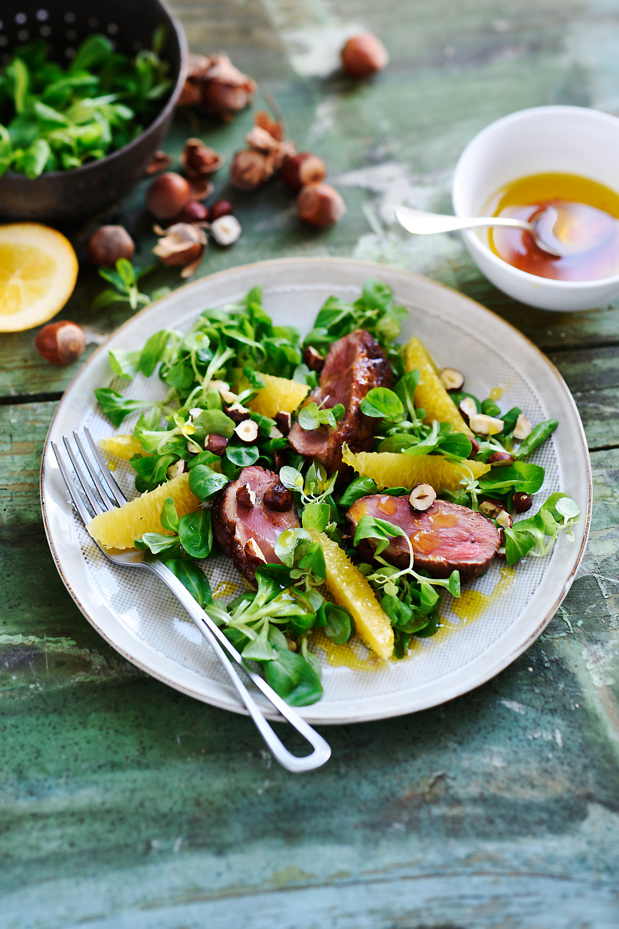 Mâche pomme betterave et magret de canard